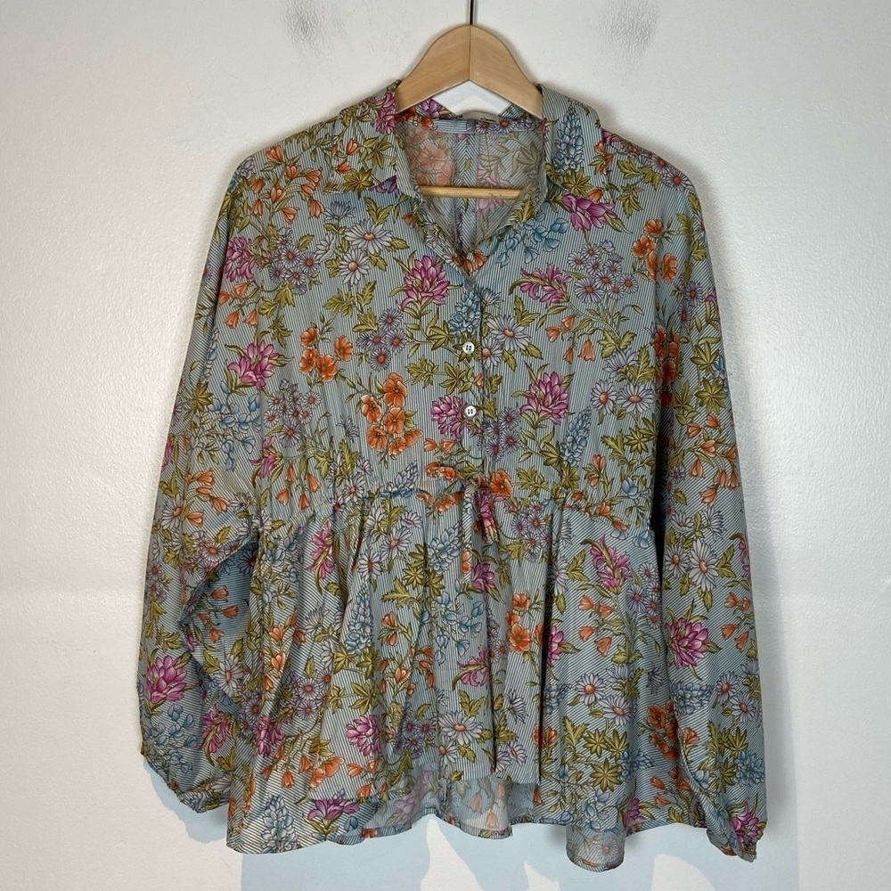 Khaadi Babydoll Long Sleeve Floral Top Size XS Buttoned Multicolor Downstring